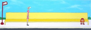 tiny clown long wait #2, Karin Konoval 2006 acrylic and ink on canvas, 12 x 36 inches