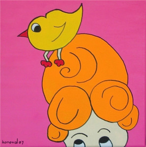 lady with bird on her head, Karin Konoval